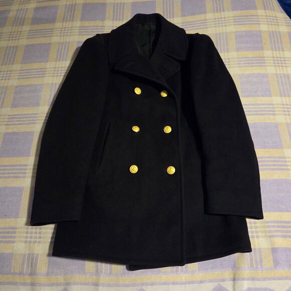 Vintage 60s 70s Peacoat US NAVY Officer 100% Wool Black Gold Buttons 36R EUC - Picture 1 of 13